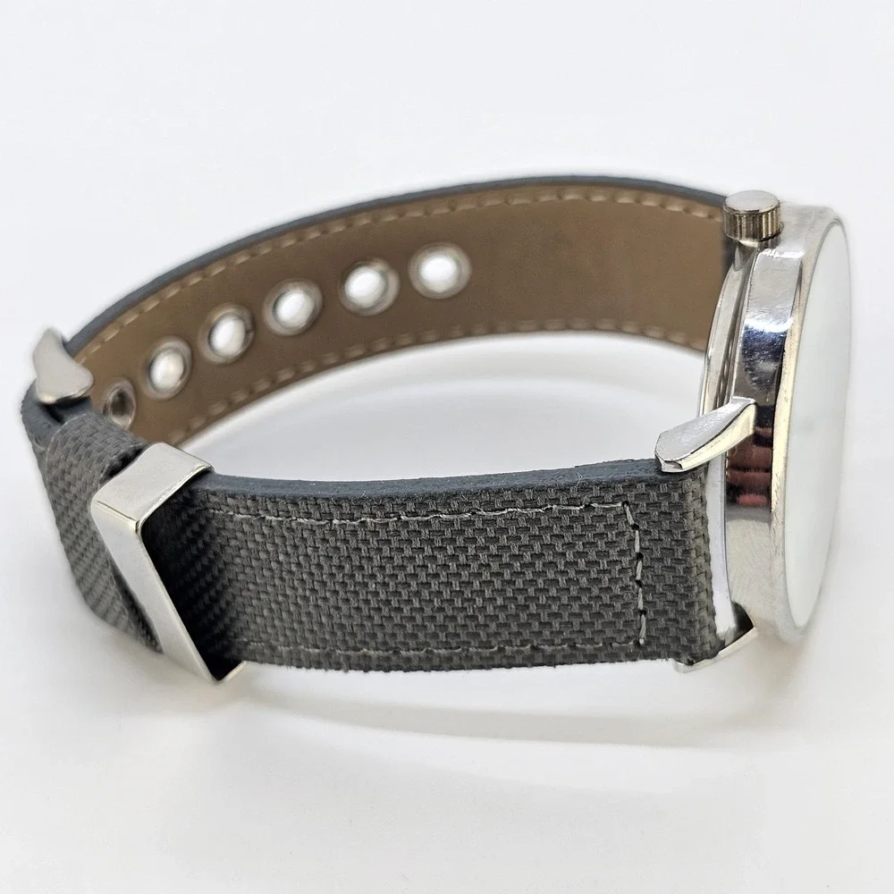 Men Analog Watch 41MM White Dial Date Gray Canvas Faux Leather Bands New Battery